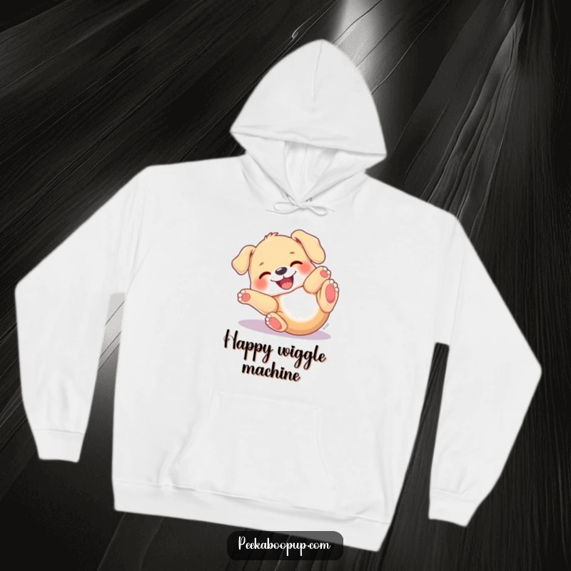 Funny Puppy Roll Hoodie depicting a dog with a joyful expression, rolling on its back with absolute delight and comfort.