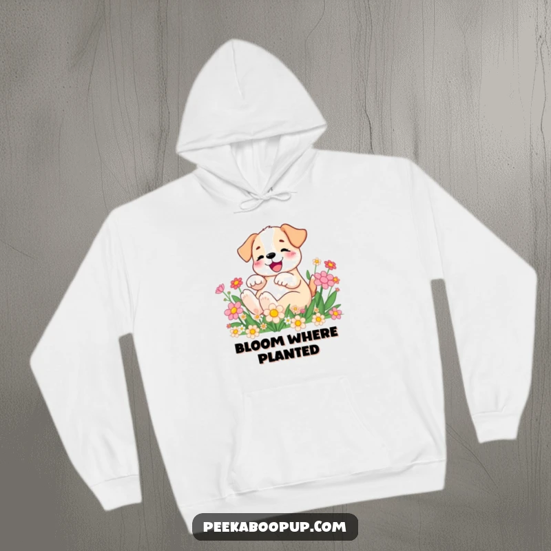 Funny Hoodie with a delighted puppy rolling amongst vibrant cartoon flowers, offering warmth and cheerful vibes.