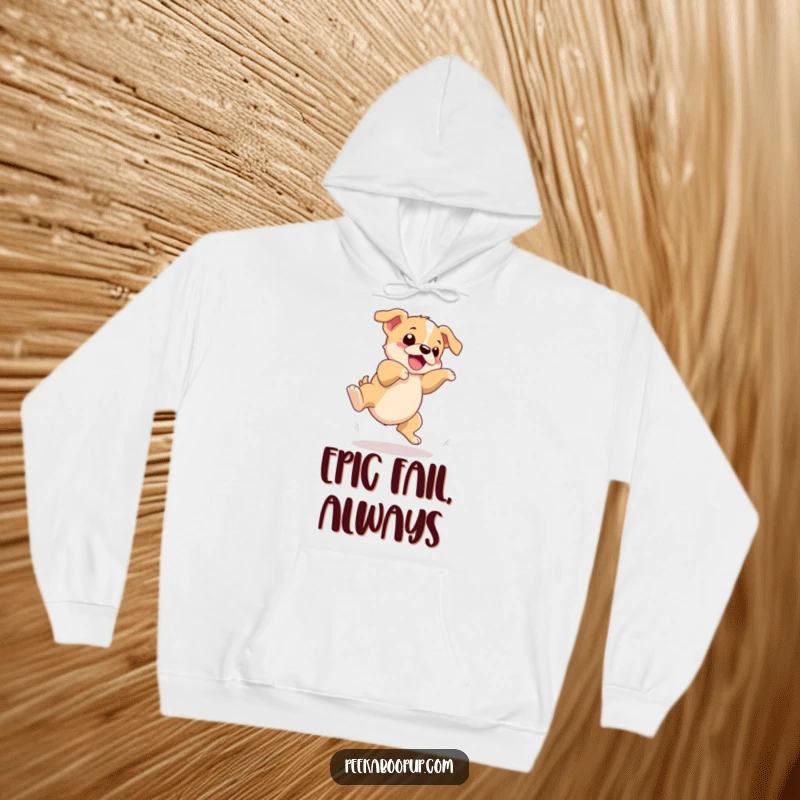 Funny hoodie showcasing a puppy comically tripping during a dramatic jump, offering warmth and a hilarious visual for dog lovers.