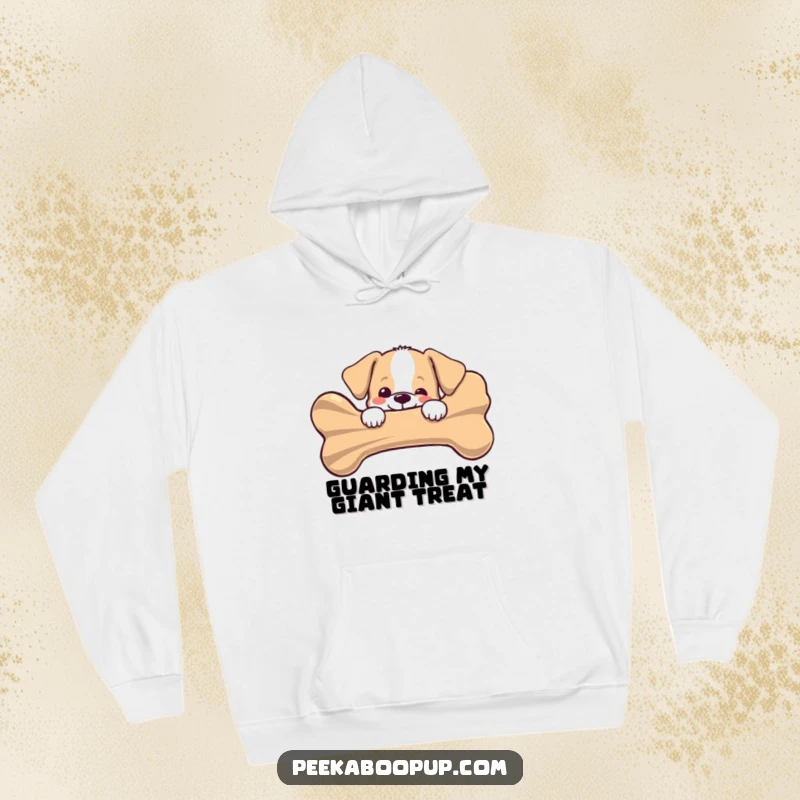 Funny puppy peeking joyfully from behind a giant striped bone on a warm hoodie, offering comfort and canine charm, a perfect funny gift.