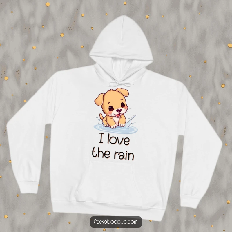 Funny puppy hoodie capturing a playful dog enthusiastically splashing in a puddle, perfect for cozy and humorous wear.