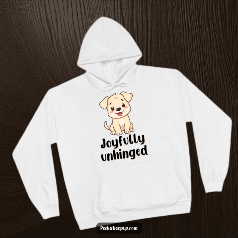 Funny Hoodie showcasing an adorable puppy with a wagging tail, offering a warm and enthusiastic greeting.