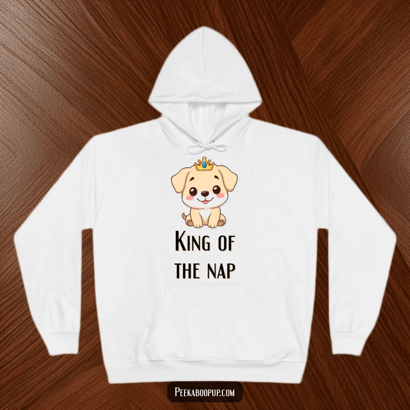 Funny Royal Puppy Hoodie displaying a cute puppy wearing a small crown and a gentle smile, offering warmth and funny regal charm.
