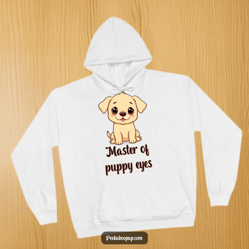 Funny puppy hoodie depicting a puppy in a sweet begging pose, ideal for comfort and a touch of humor.