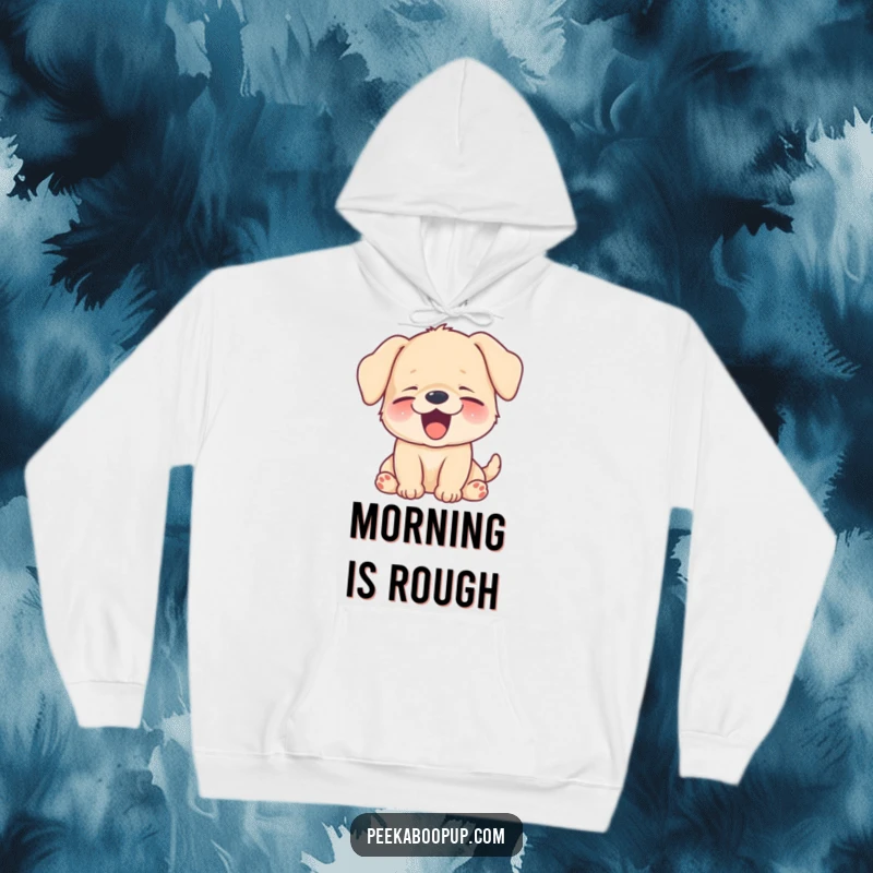 Funny puppy yawning a big, happy smile, depicted on a soft and cozy hoodie.