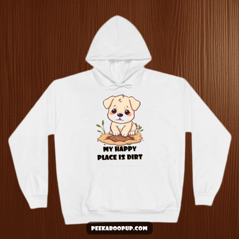 Funny puppy character hoodie, caught mid-dig with determination, offering cozy canine humor.
