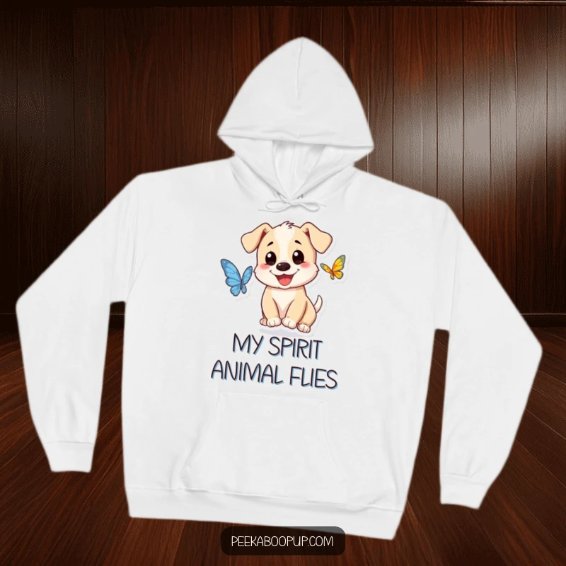 Funny puppy character hoodie, smiling while chasing a butterfly, offering cozy and joyful humor.