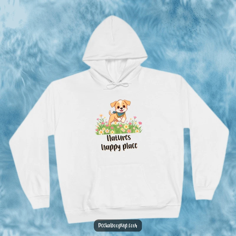 Funny and warm hoodie featuring a playful puppy wearing a bandana, frolicking happily in a field of colorful flowers.
