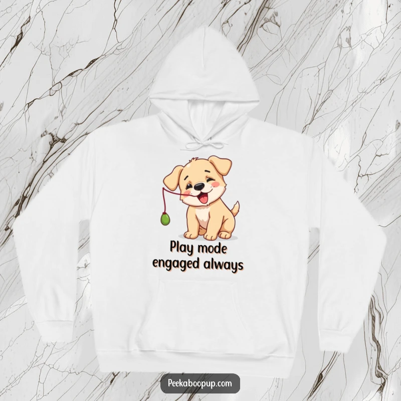 Funny Puppy Hoodie: A cozy sweatshirt featuring a puppy intensely focused on batting a string