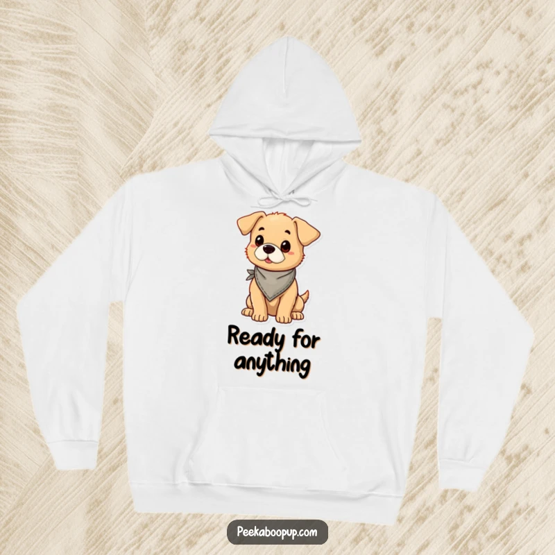 Funny puppy wearing a bandana and striking a proud pose, depicted on a soft and cozy hoodie.