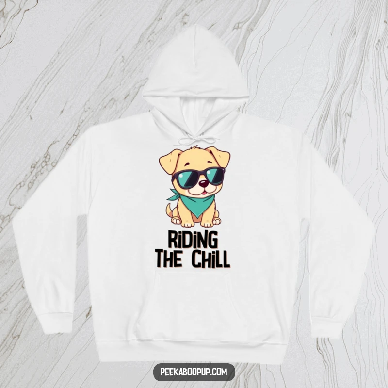 Funny hoodie featuring a puppy wearing sunglasses and a bandana, looking incredibly cool and relaxed, ideal for cozy comfort.