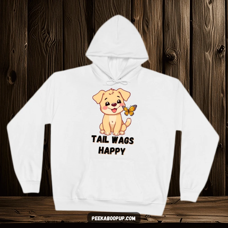 Funny hoodie featuring a happy puppy with a wagging tail intently barking at a delicate butterfly, cozy design.