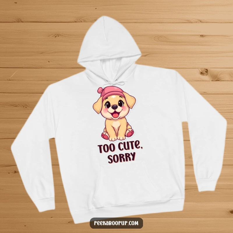 Funny hoodie showcasing an irresistibly cute puppy in mid-giggle, a tiny hat perched precariously askew on its head.