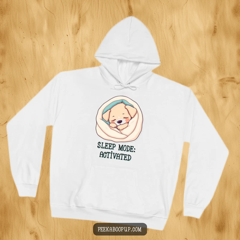 Funny Hoodie: Features a very sleepy puppy curled up snugly in a soft blanket, radiating peacefulness. Cozy apparel.