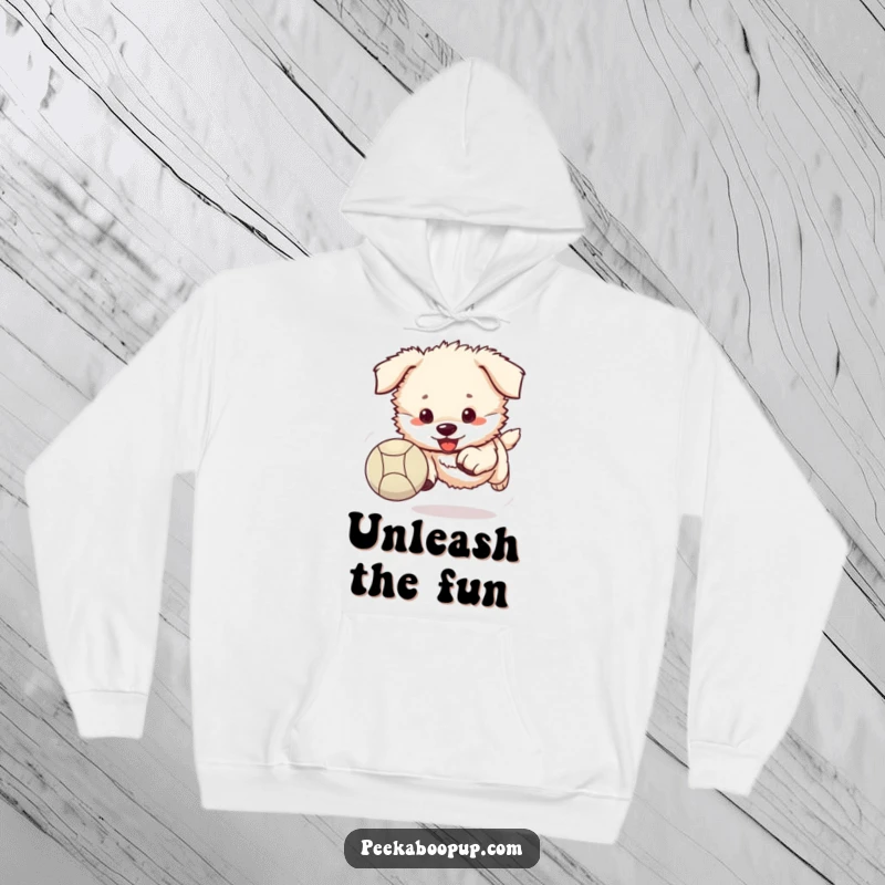 Funny puppy hoodie showing a fluffy puppy enthusiastically chasing a bouncing ball.