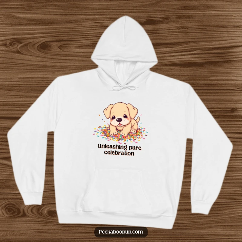 Funny Hoodie: Adorable puppy buried up to its neck in a mountain of colorful confetti, looking blissfully happy.