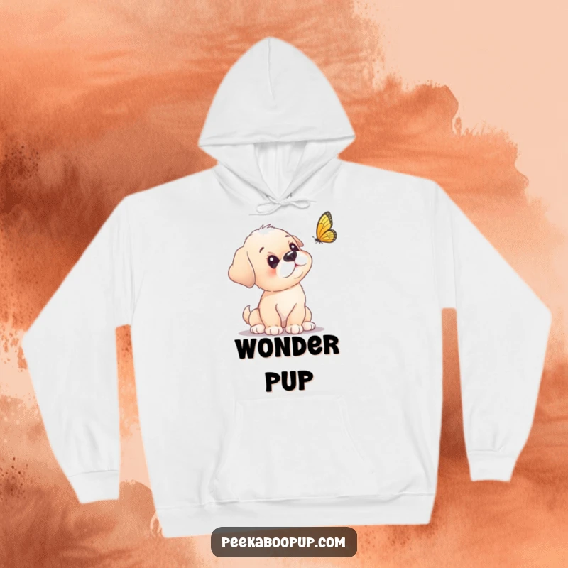Funny puppy hoodie showing a curious puppy tilting its head at a fluttering butterfly.