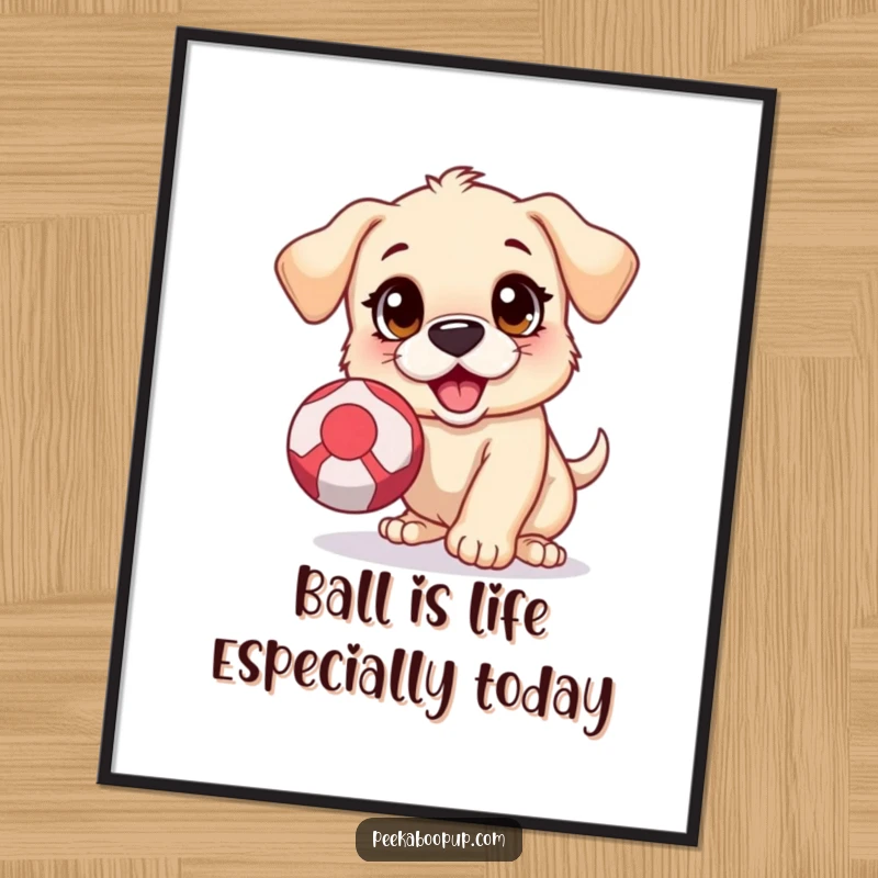 Funny Free Printable Wall Art: A cartoon puppy with huge, excited eyes leaps dynamically towards a large bouncing ball.