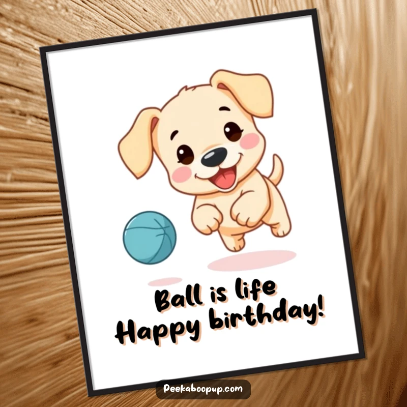 Free Printable Wall Art: Charming illustration of a cute puppy with floppy ears energetically chasing a brightly colored bouncing ball.