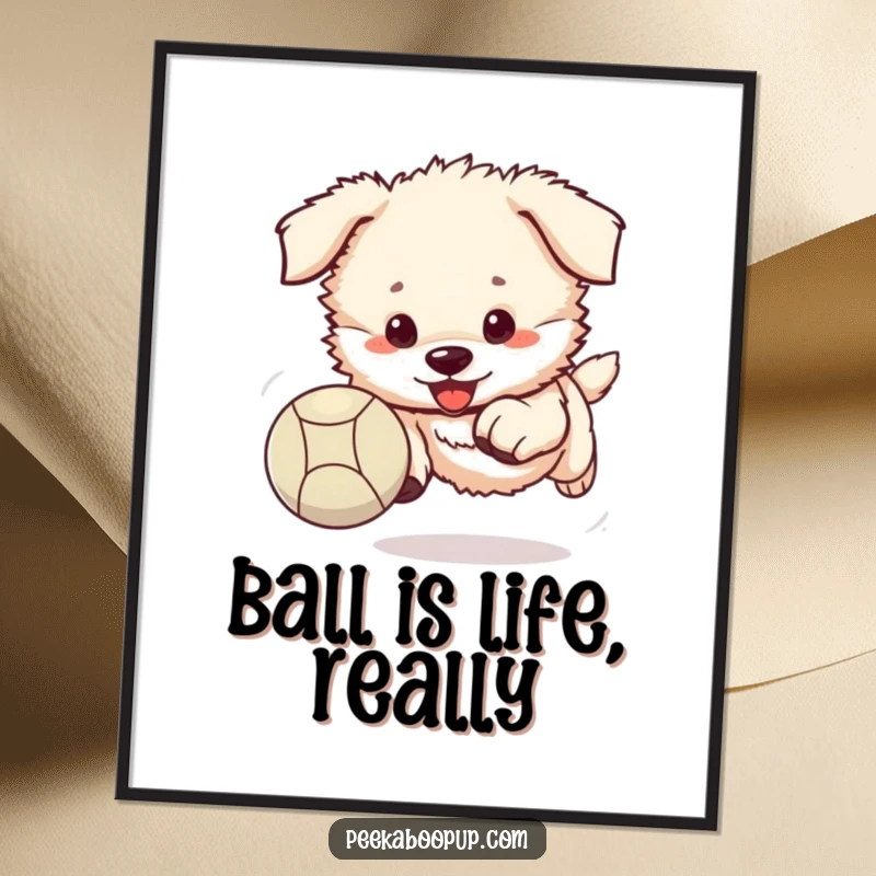 Funny Free Printable Wall Art: A fluffy puppy in full enthusiastic pursuit of a bouncing ball.