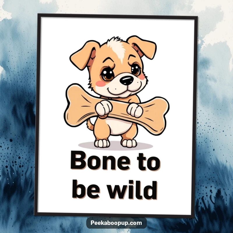 Funny free printable wall art: a puppy with a serious, determined expression attempting to carry a bone that’s bigger than it is.