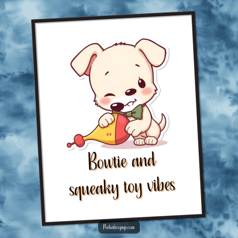 Funny Free Printable Wall Art: Mischievous puppy in bowtie joyfully nibbles a squeaky toy, creating humorous decor.