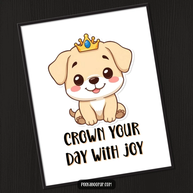 Funny Free Printable Wall Art: A smiling puppy with a small crown sits regally, a piece of downloadable decor.