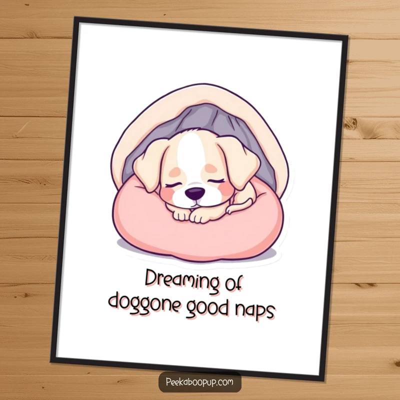 Funny Free Printable Wall Art: A peaceful puppy naps soundly, curled up in a soft, warm bed.