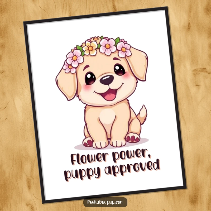 Funny free printable wall art: a cute, happy puppy wearing a flower crown and doing a joyful wiggle, full of personality.