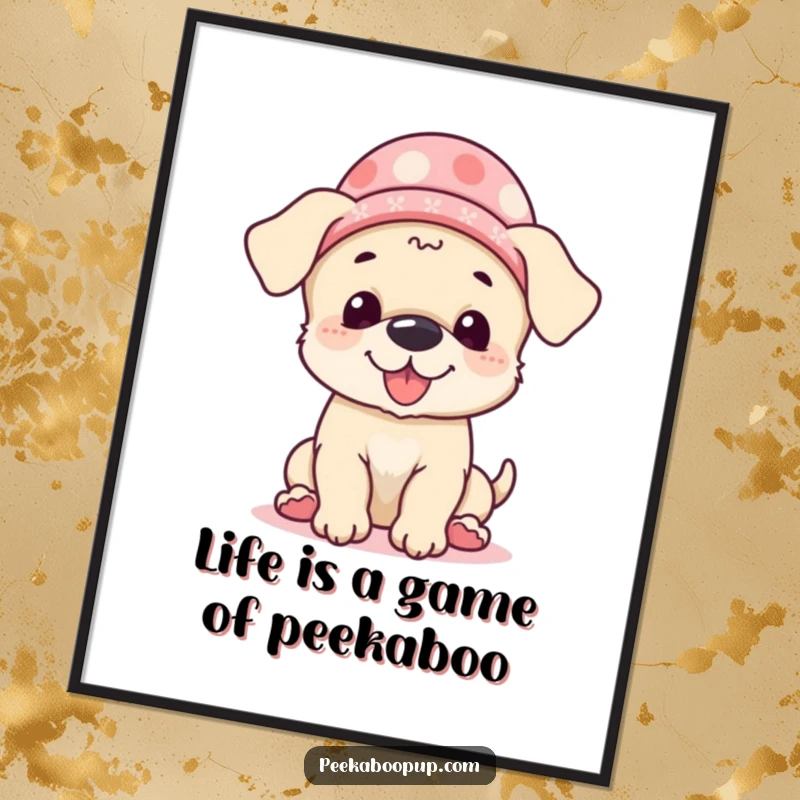 Funny Free Printable Wall Art: A giggling puppy with a silly hat plays peek-a-boo, bringing joy to any wall.