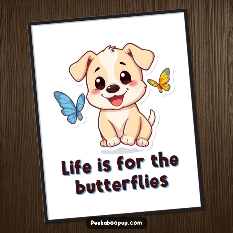 Funny Free Printable Wall Art: A smiling puppy energetically chases a fluttering butterfly across a vibrant background, capturing a moment of pure playfulness.