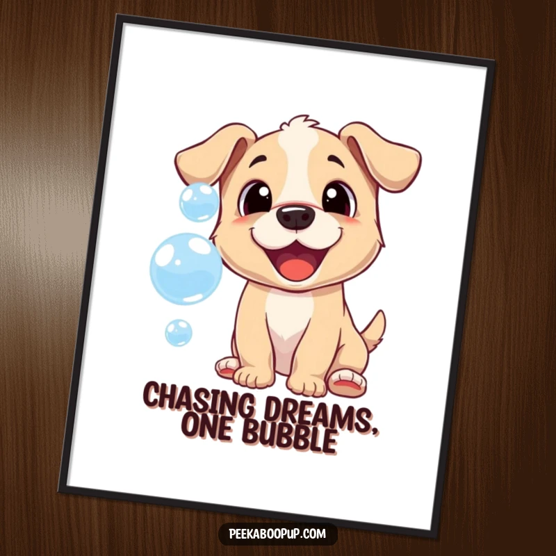 Funny Free Printable Wall Art: A cheerful puppy leaping enthusiastically to catch shiny, floating soap bubbles in a playful outdoor scene.