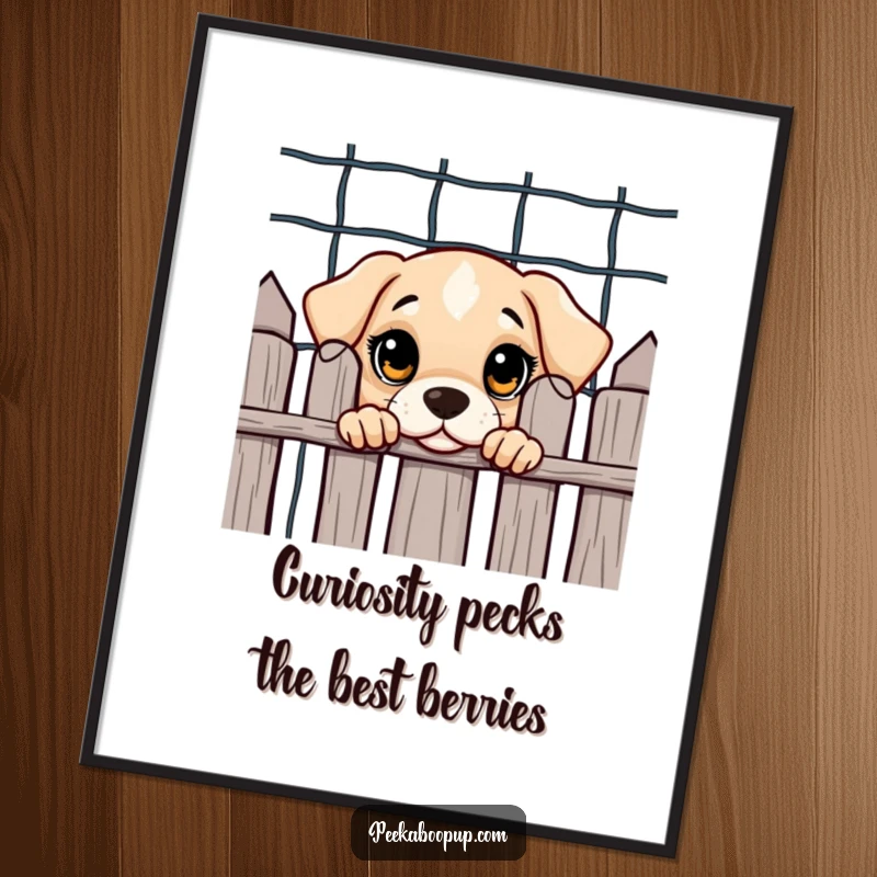 Funny Free Printable Wall Art: A curious puppy with big eyes peeks out from behind a fence, creating cute decor.