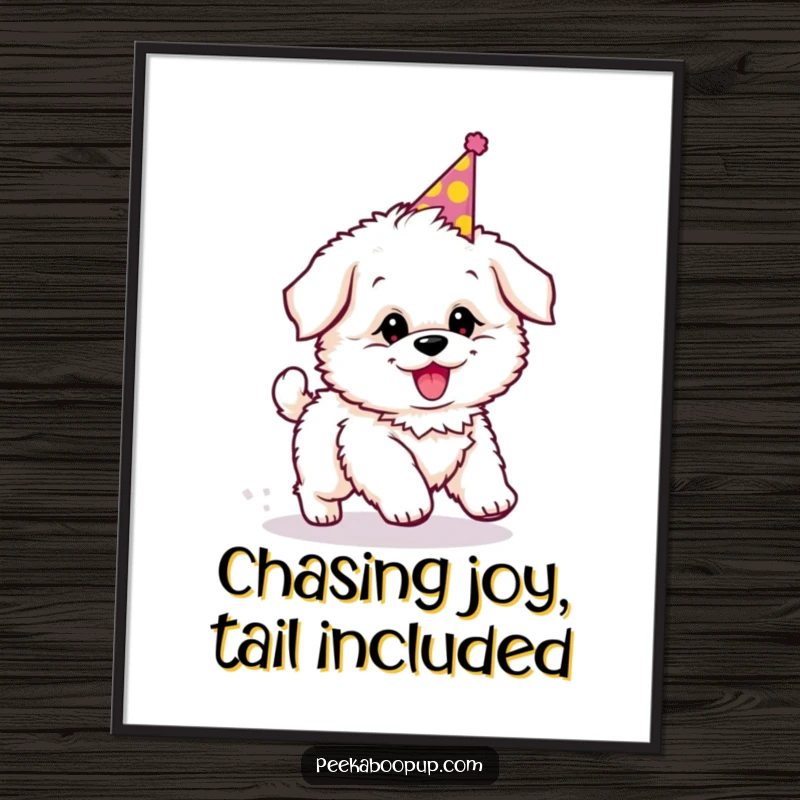 Funny Free Printable Wall Art: A fluffy puppy in a party hat, spinning joyfully while chasing its tail with pure puppy energy.