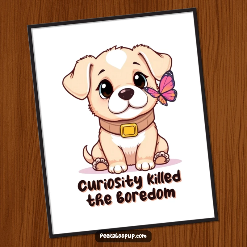 Funny Free Printable Wall Art: A small puppy wearing a comically oversized collar looks up inquisitively at a butterfly.