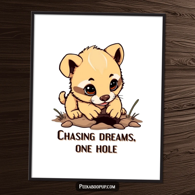 Free Printable Wall Art of a cute puppy cub with a determined expression, digging a tiny hole.