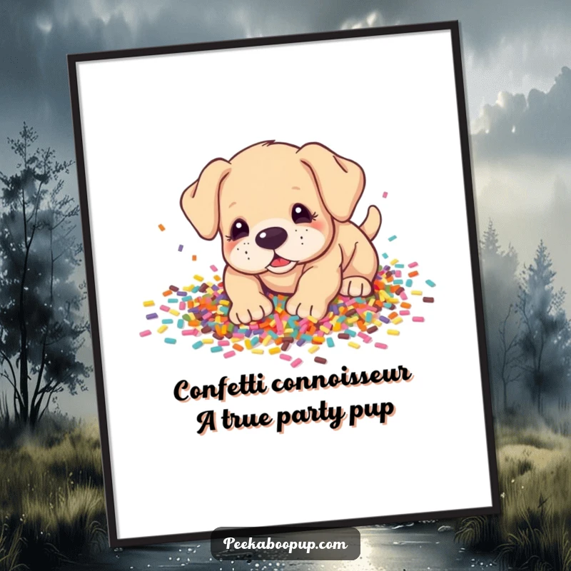 Funny Free Printable Wall Art: A cute puppy enthusiastically digs into a huge pile of colorful confetti, bringing joy.
