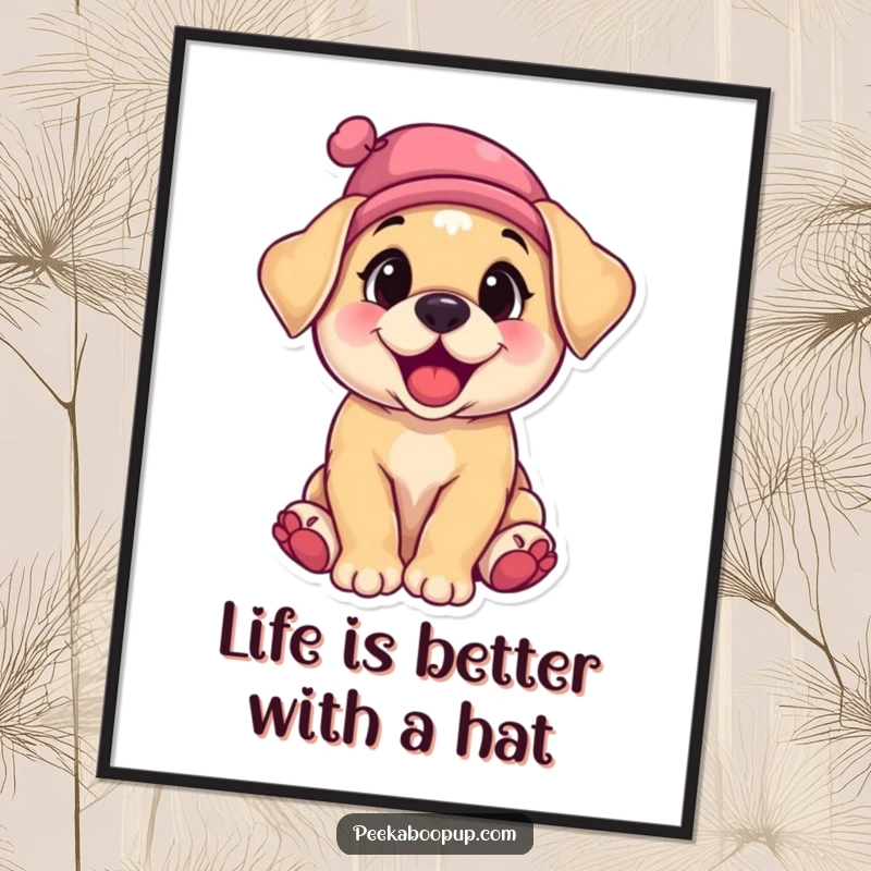Funny Free Printable Wall Art of a playful puppy with a tilted hat, caught in a moment of pure giggle.
