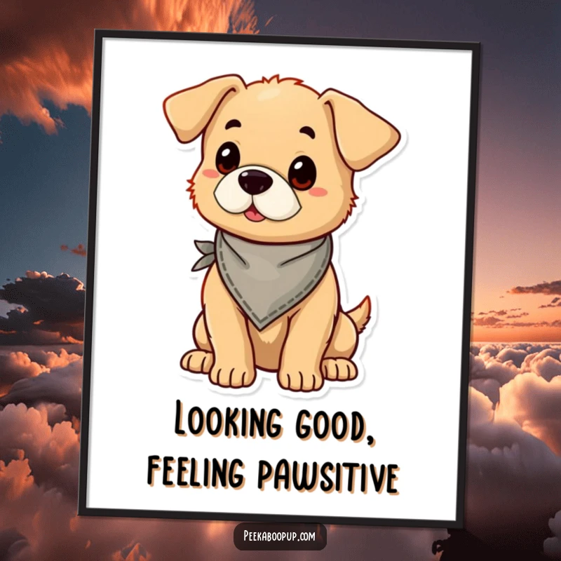 Funny Free Printable Wall Art: A puppy wearing a tiny bandana strikes a proud, confident pose, looking incredibly stylish.