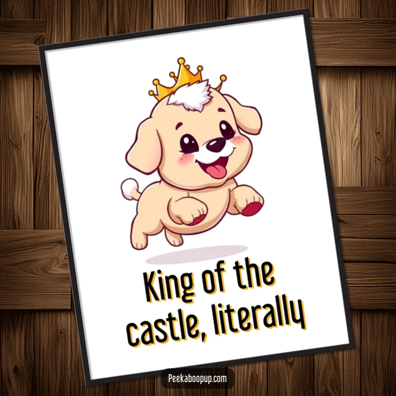 Funny Free Printable Wall Art: A puppy wearing a crown, joyfully chasing its tail with a wide, happy grin.