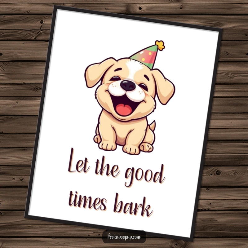 Free Printable Wall Art of a puppy joyfully barking with excitement, wearing a small party hat.