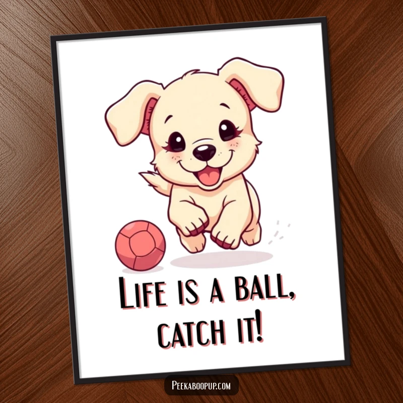 Funny Free Printable Wall Art: A cute puppy with floppy ears joyfully chases a bouncing ball, adding playful decor.