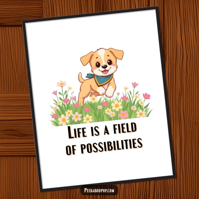 Funny Free Printable Wall Art: A playful puppy in a bandana frolics joyfully in a beautiful field of flowers for decor.