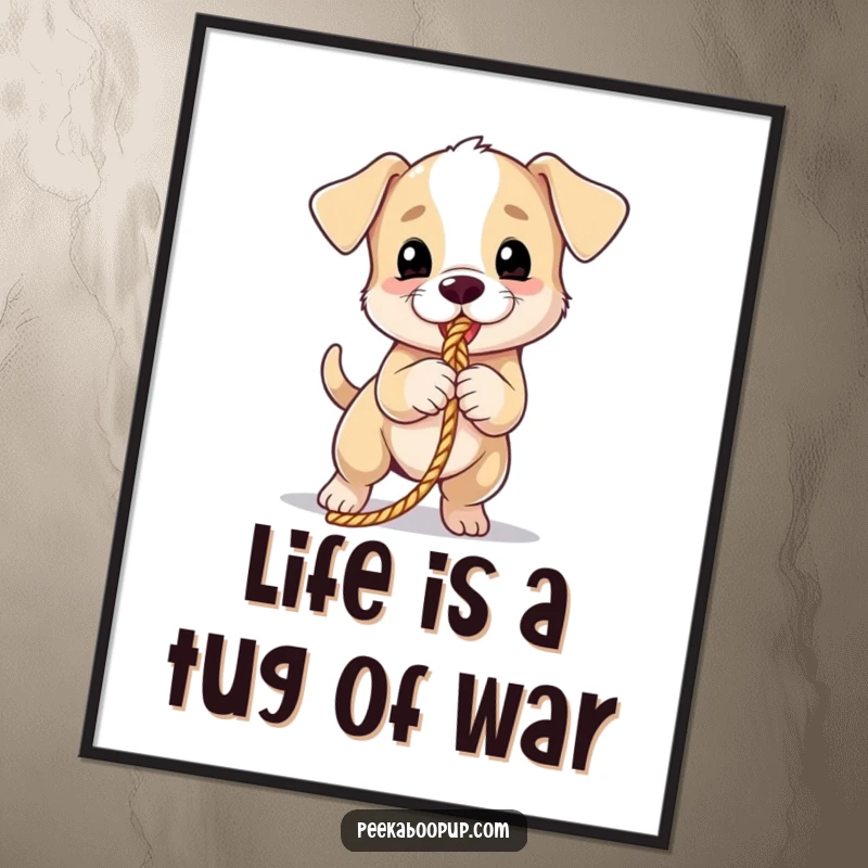 Funny Free Printable wall art: A spirited puppy caught mid-tug on a rope, exuding playful energy and a love for games.