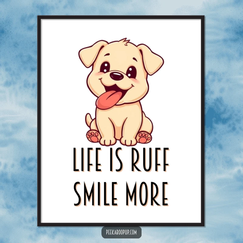 Funny Free Printable Wall Art of a happy, panting puppy with its tongue lolling out, full of excited energy.