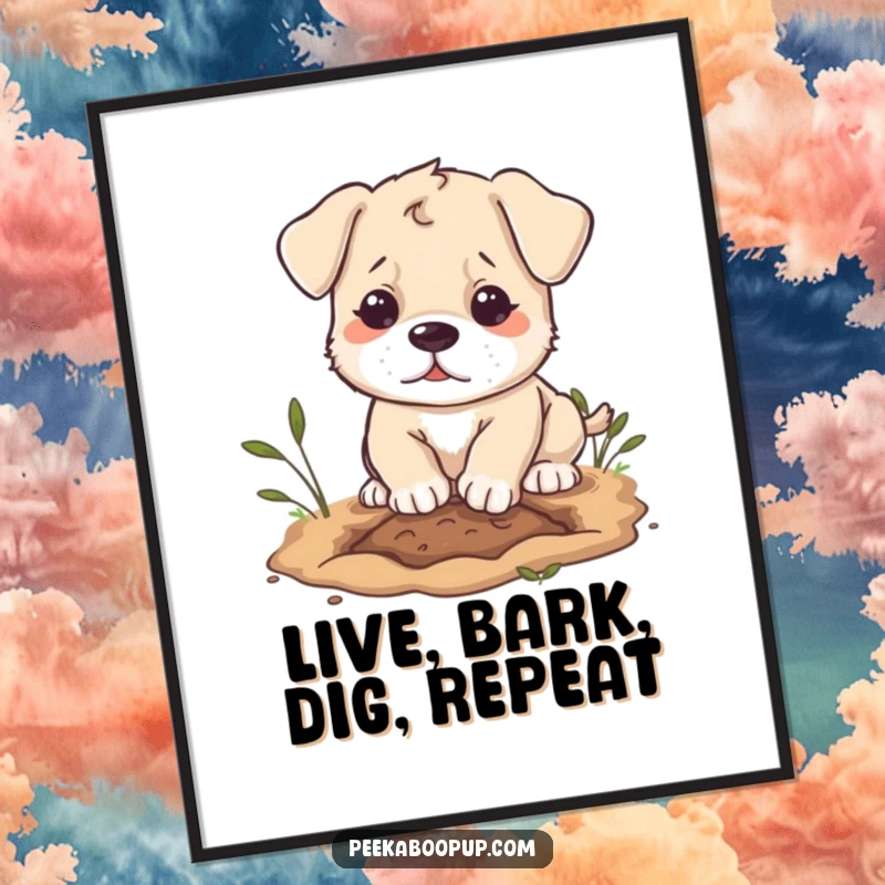 Funny Free Printable Wall Art: A puppy with a determined expression playfully digging a hole, capturing a moment of focused, cute activity.