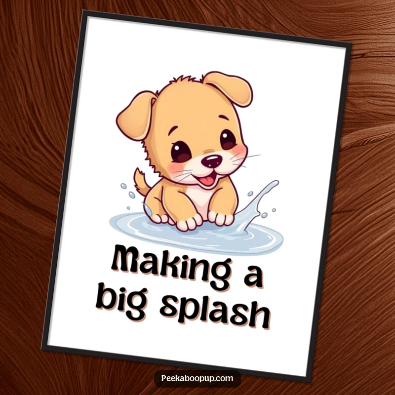 Funny Free Printable wall art: A puppy ecstatically splashing in a puddle, capturing a moment of pure, unadulterated playful joy.