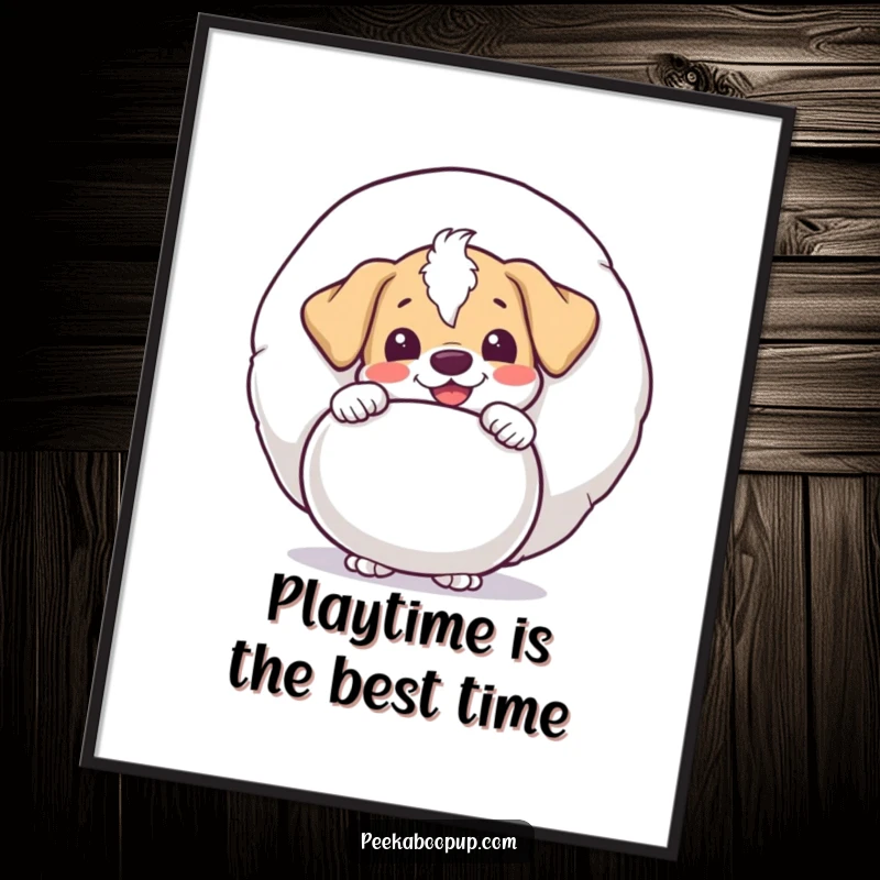 Funny Free Printable Wall Art: A puppy peeks from behind a giant squeaky toy with a look of pure delight, adding playfulness.
