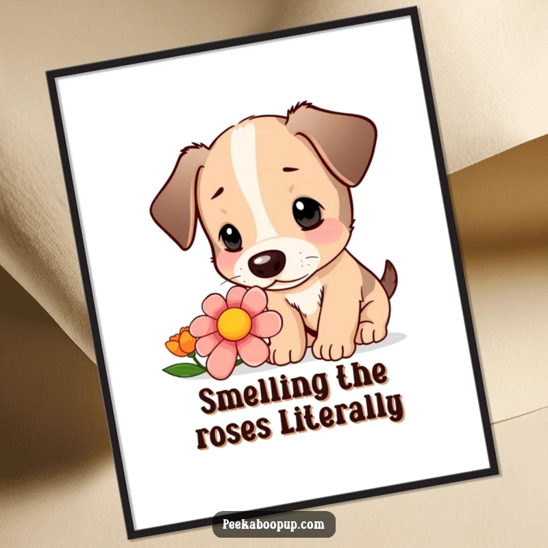 Free Printable Wall Art: Charming illustration of a curious puppy with floppy ears gently sniffing a vibrant, detailed colorful flower.