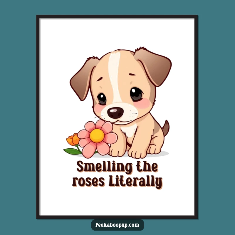 Cute Free Printable Wall Art: Puppy Sniffing Flower Poster, Downloadable Nature Art